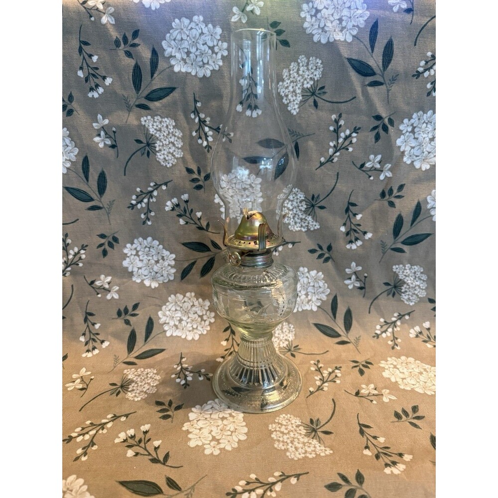 Vintage Clear Pressed Glass Oil Lamp Embossed Bird Pedestal Base Chimney